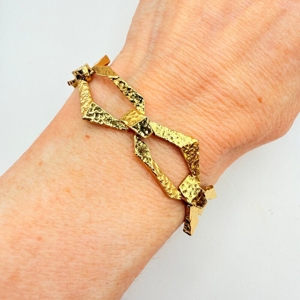 Vintage Monet Gold Tone Hammered Link Bracelet Geometric Modernist Statement